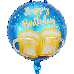Balon din Folie Metalizata, Flippy, Mini Figurina Rotunda, Model Halbe de Bere, Happy Birthday, Tematica Aniversare, 45 cm, Ambalaj Individual, Pai Inclus, Umflare cu Aer sau Heliu, Albastru