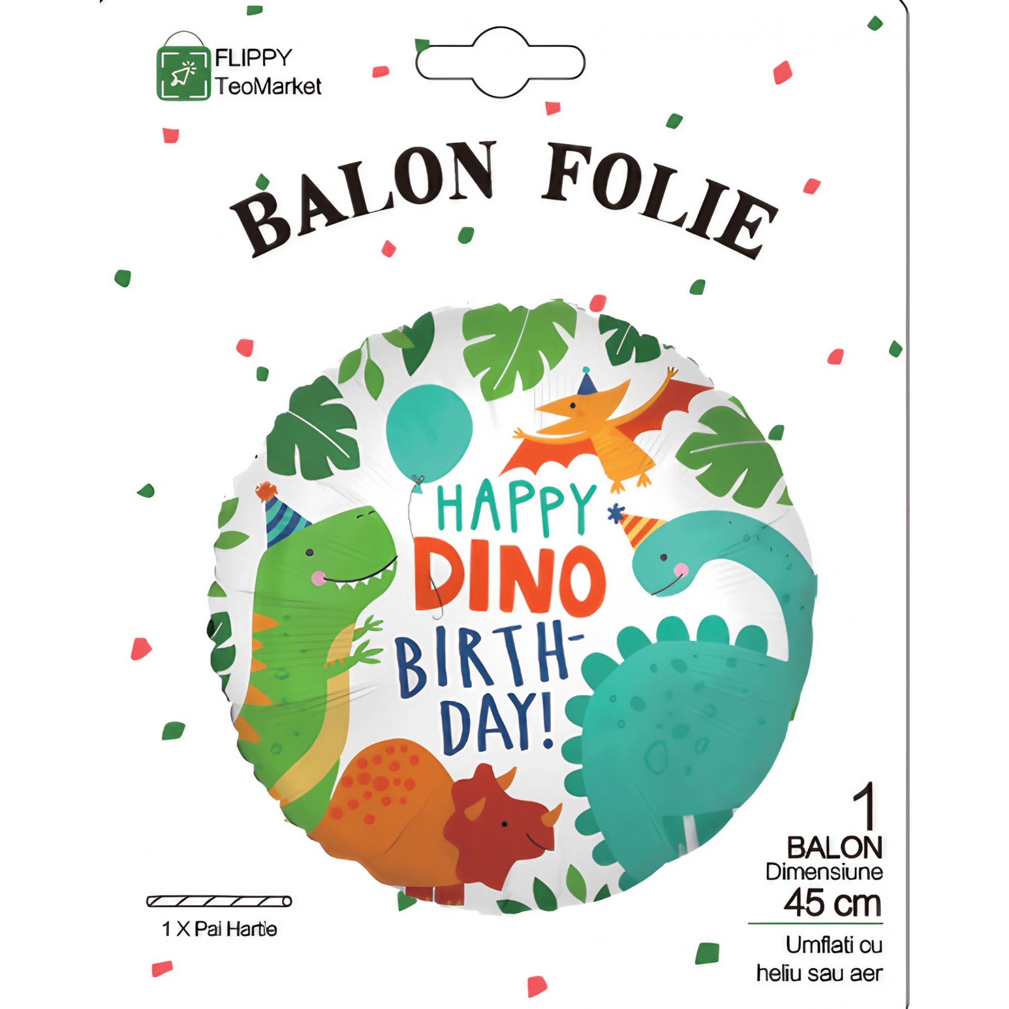 Balon din Folie Metalizata, Flippy, Mini Figurina Rotunda, Model Happy Birthday cu Dinozauri, Tema Aniversare, 45 cm, Ambalaj Individual, Pai inclus, Umflare cu Aer sau Heliu, Multicolor