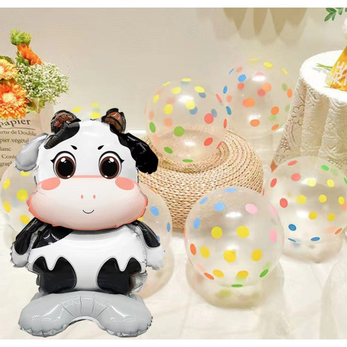 Balon din Folie Metalizata, Flippy, Mini Figurine Animalute, Model Vacuta, Tematica Aniversare, 38x58 cm, Ambalaj Individual, Pai Inclus, Umflare cu Aer sau Heliu, Multicolor