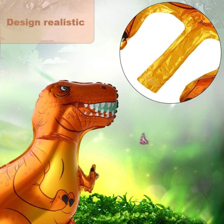 Balon din Folie Metalizata, Flippy, Mini Figurine Dinozauri, Model T-Rex, Tematica Aniversare, 48x34 cm, Ambalaj Individual, Pai Inclus, Umflare cu Aer sau Heliu, Multicolor