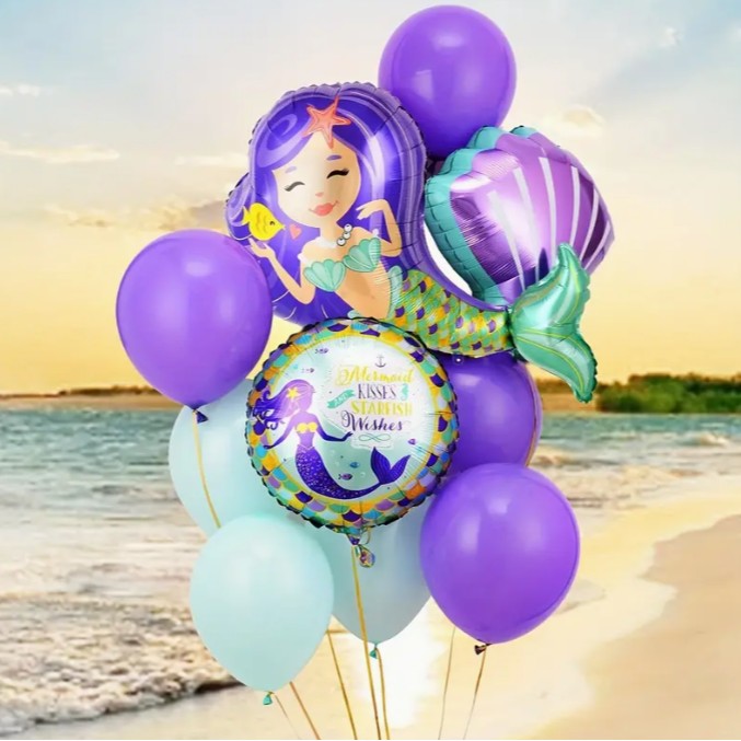 Balon din Folie Metalizata, Flippy, Mini Figurine, Model Sirena cu Par Mov, Tematica Aniversare, 39x37 cm, Ambalaj Individual, Pai Inclus, Umflare cu Aer sau Heliu, Multicolor