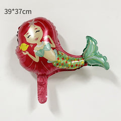 Balon din Folie Metalizata, Flippy, Mini Figurine, Model Sirena cu Par Rosu, Tematica Aniversare, 39x37 cm, Ambalaj Individual, Pai Inclus, Umflare cu Aer sau Heliu, Multicolor
