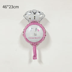 Balon din Folie Metalizata, Flippy, Mini Figurine Nunta, Model Inel de Logodna, Tematica Cerere in Casatorie, 46x23 cm, Ambalaj Individual, Pai Inclus, Umflare cu Aer sau Heliu, Roz