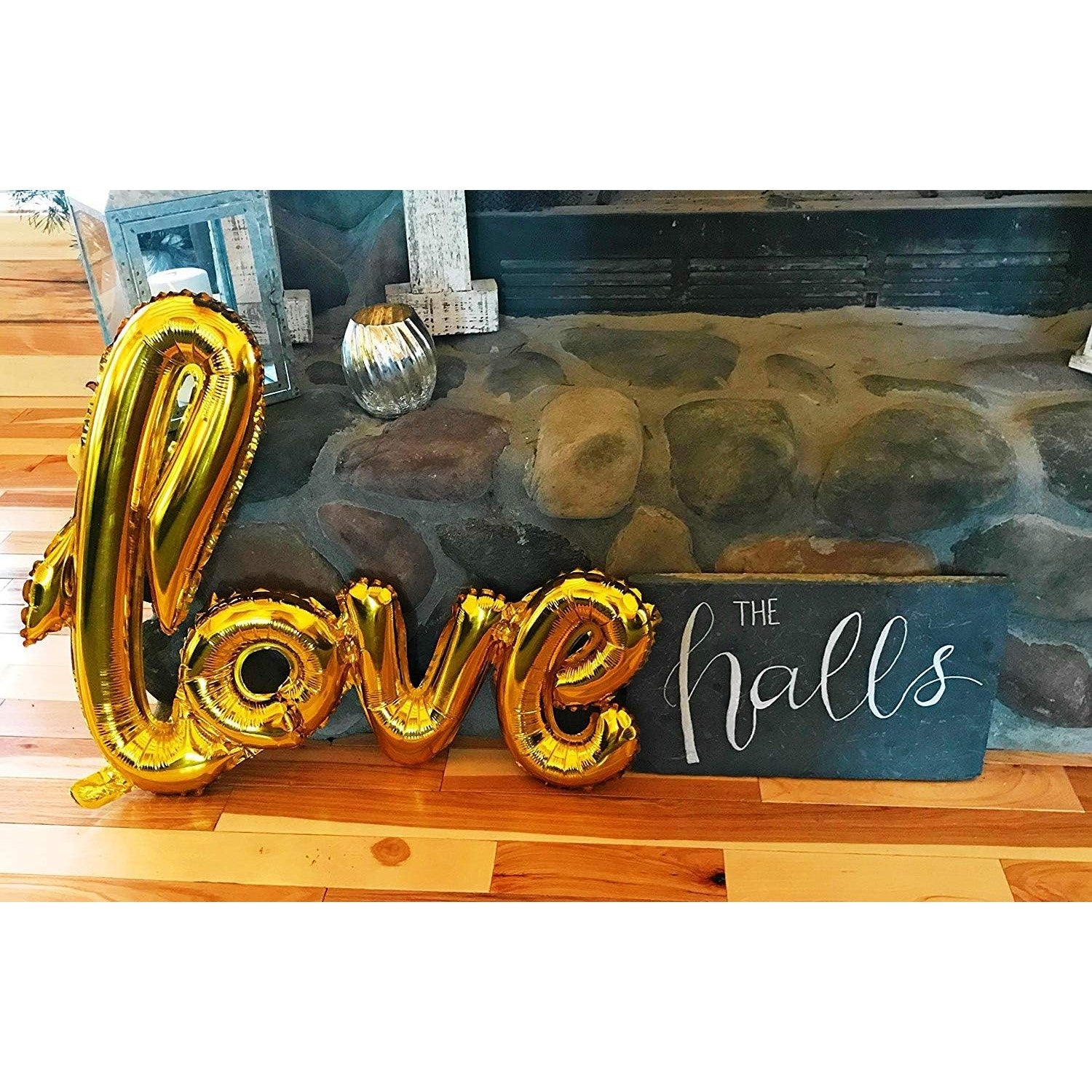 Balon din Folie Metalizata, Flippy, Model Love scris de mana, 102x65 cm, Tematica Ziua Îndrăgostiților, Ambalaj Individual, Pai Inclus, Umflare cu Aer sau Heliu, Auriu