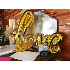 Balon din Folie Metalizata, Flippy, Model Love scris de mana, 102x65 cm, Tematica Ziua Îndrăgostiților, Ambalaj Individual, Pai Inclus, Umflare cu Aer sau Heliu, Auriu