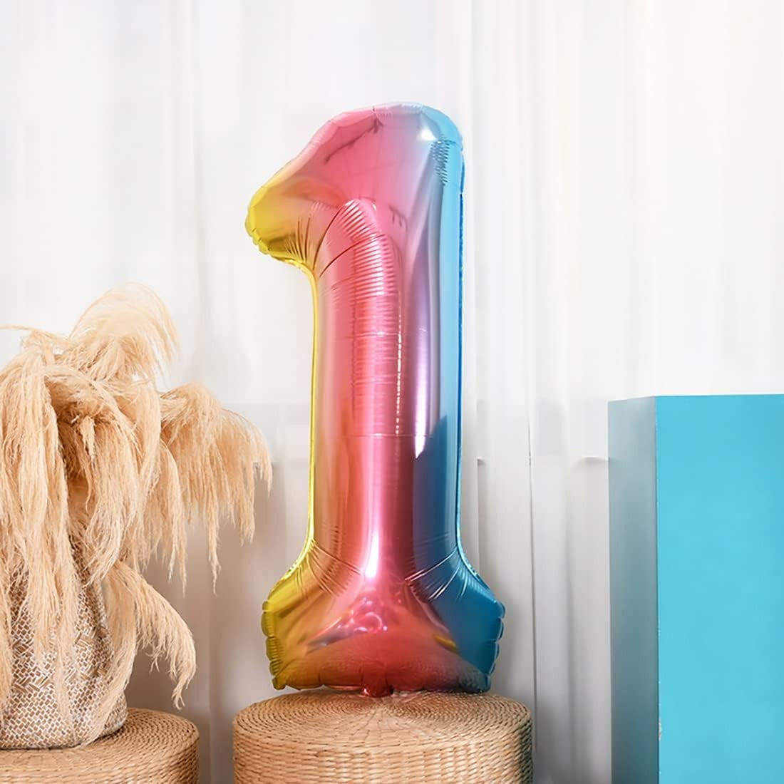 Balon din Folie Metalizata Gradient Flippy, Figurina Cifra, Tema Aniversare 100 cm, Ambalaj Individual, Pai inclus, Umflare cu Aer sau Heliu, Multicolor, Cifra 1