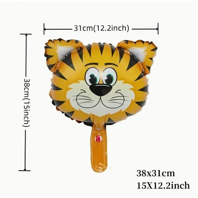 Balon din Folie Metalizata, Flippy, Mini Figurine Animalute, Model Tigru, Tematica Aniversare, 38x31 cm, Ambalaj Individual, Pai Inclus, Umflare cu Aer sau Heliu, Multicolor
