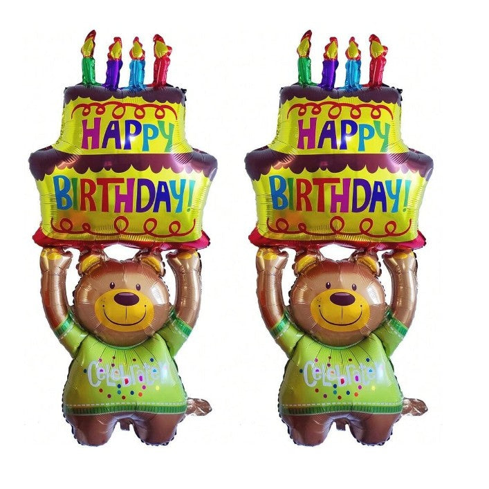 Balon din Folie Metalizata, Flippy, Figurine Animalute, Model Ursulet cu Tort Aniversar, 124x65 cm, Ambalaj Individual, Pai Inclus, Umflare cu Aer sau Heliu, Multicolor