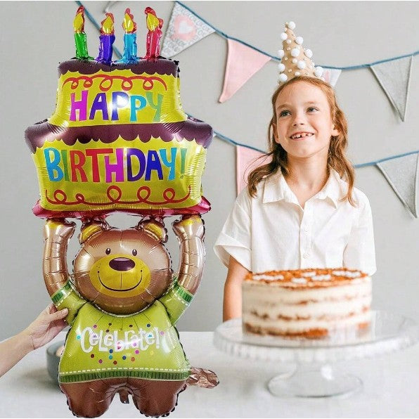 Balon din Folie Metalizata, Flippy, Figurine Animalute, Model Ursulet cu Tort Aniversar, 124x65 cm, Ambalaj Individual, Pai Inclus, Umflare cu Aer sau Heliu, Multicolor