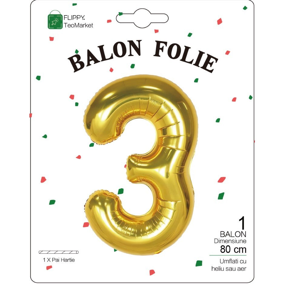 Balon din Folie Metalizata Flippy, Figurina Cifra, Tema Aniversare 80 cm, Ambalaj Individual, Pai inclus, Umflare cu Aer sau Heliu, Auriu, Cifra 3