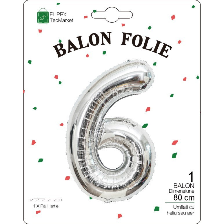Balon din Folie Metalizata, Flippy, Figurina Cifra, Tema Aniversare 80 cm, Ambalaj Individual, Pai inclus, Umflare cu Aer sau Heliu, Argintiu, Cifra 6