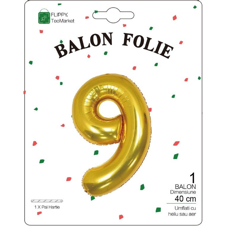 Balon din Folie Metalizata Flippy, Figurina Cifra, Tema Aniversare 40 cm, Ambalaj Individual, Pai inclus, Umflare cu Aer sau Heliu, Auriu, Cifra 9