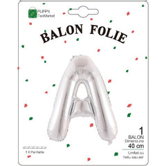 Balon Folie Metalizata Litera A, Flippy, 40 cm, Umflati cu Heliu sau Aer, Ambalaj Individual, Pai inclus, Argintiu