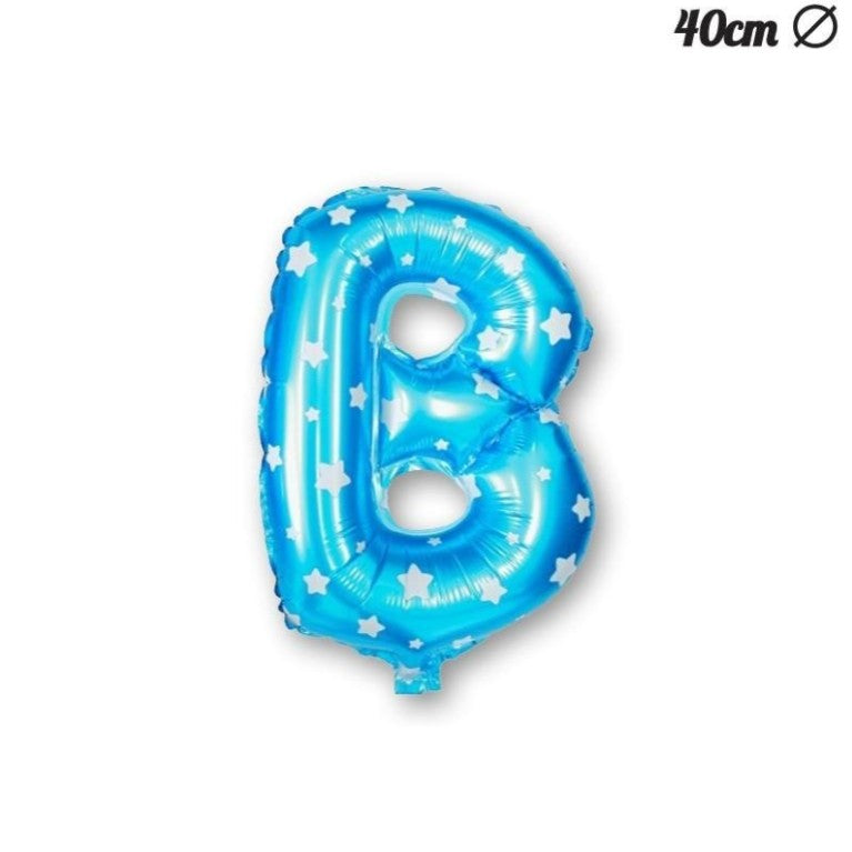 Balon Folie Metalizata Litera B, Flippy, 40 cm, Cu Imprimeu Stelute, Umflati cu Heliu sau Aer, Ambalaj Individual, Pai inclus, Albastru