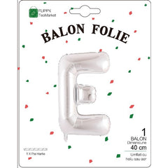 Balon Folie Metalizata Litera E, Flippy, 40 cm, Umflati cu Heliu sau Aer, Ambalaj Individual, Pai inclus, Argintiu
