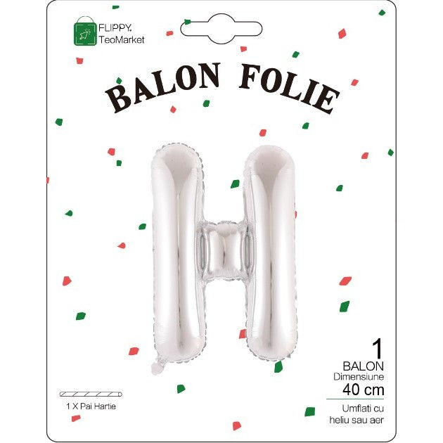 Balon Folie Metalizata Litera H, Flippy, 40 cm, Umflati cu Heliu sau Aer, Ambalaj Individual, Pai inclus, Argintiu