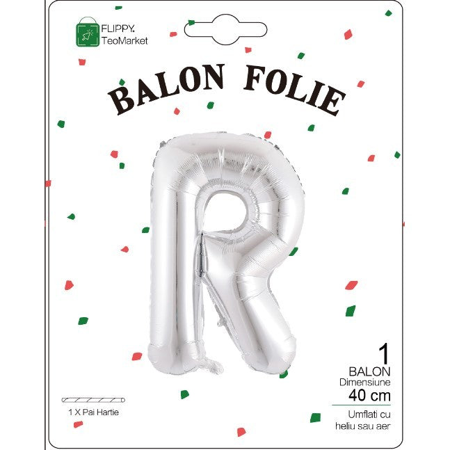 Balon Folie Metalizata Litera R, Flippy, 40 cm, Umflati cu Heliu sau Aer, Ambalaj Individual, Pai inclus, Argintiu
