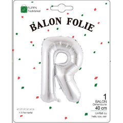 Balon Folie Metalizata Litera R, Flippy, 40 cm, Umflati cu Heliu sau Aer, Ambalaj Individual, Pai inclus, Argintiu