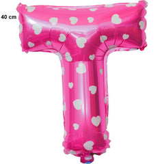 Balon Folie Metalizata Litera T, Flippy, 40 cm, Cu Imprimeu Inimioare, Umflati cu Heliu sau Aer, Ambalaj Individual, Pai inclus, Roz