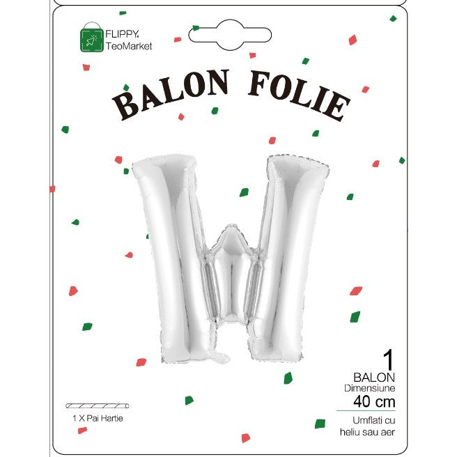 Balon Folie Metalizata Litera W, Flippy, 40 cm, Umflati cu Heliu sau Aer, Ambalaj Individual, Pai inclus, Argintiu