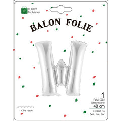 Balon Folie Metalizata Litera W, Flippy, 40 cm, Umflati cu Heliu sau Aer, Ambalaj Individual, Pai inclus, Argintiu