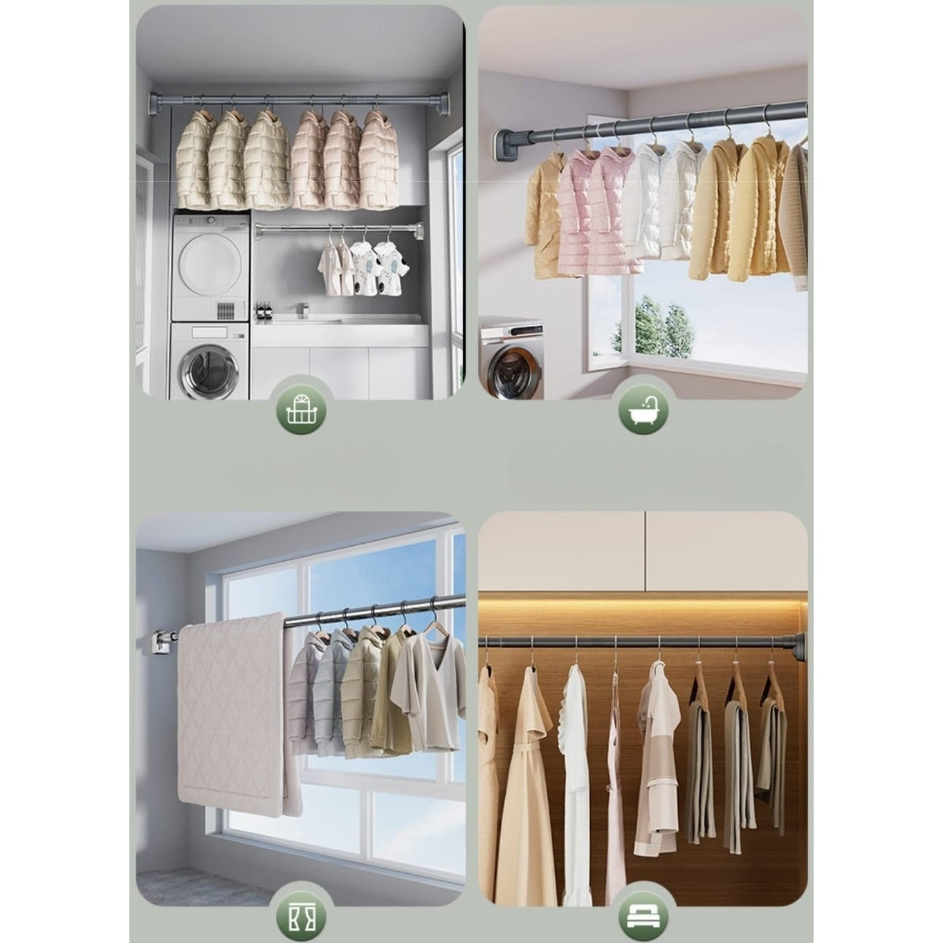 Bara Telescopica Multifunctionala, Flippy, din Otel Inoxidabil si ABS, Utilizare Universala, Extensie 185 - 205 cm, Fara Perforare Perete, Gri