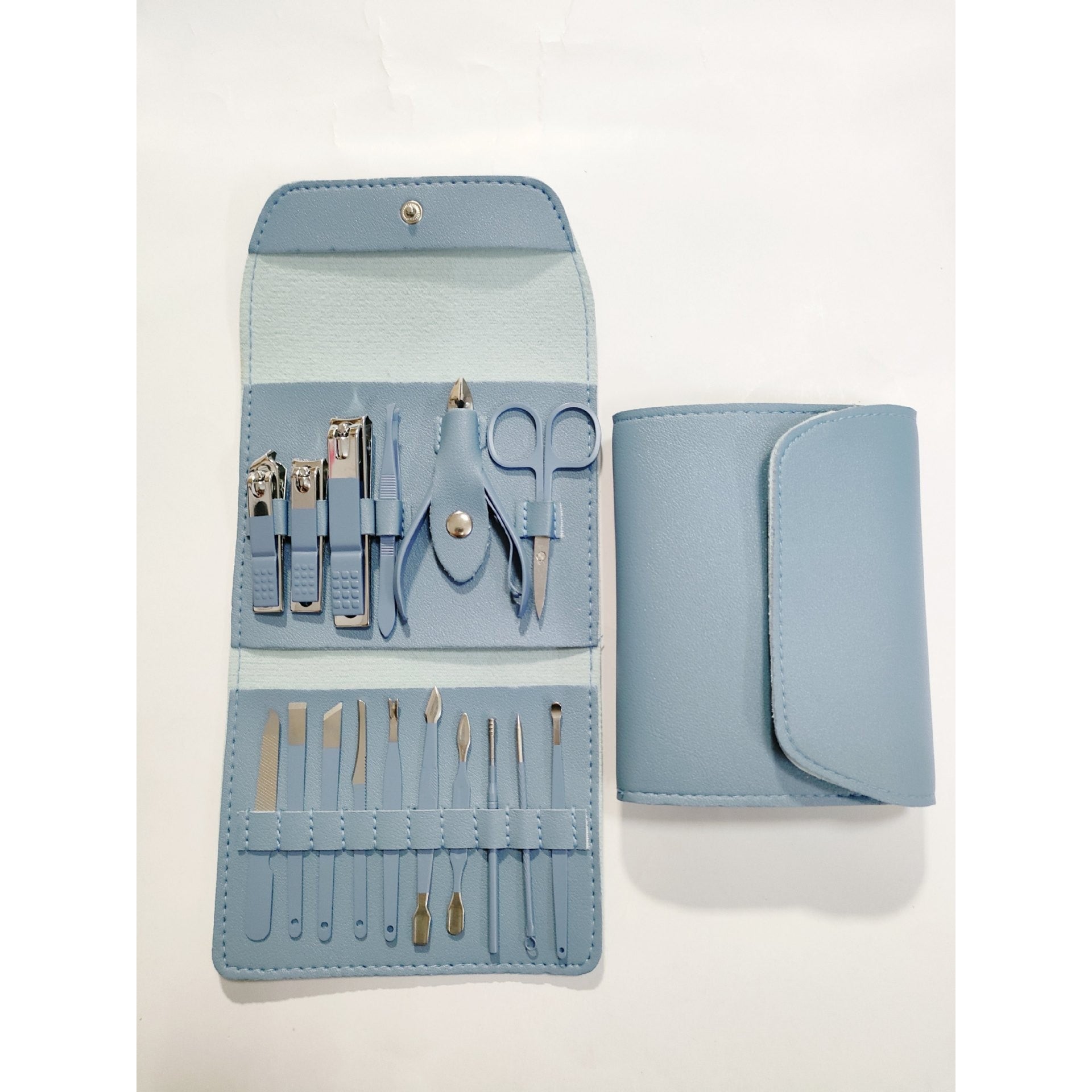 Set 16 Piese de Ingrijire Cosmetica, Flippy, pentru Manichiura, Pedichiura, Fata, Geanta Organizatoare din Piele Ecologica Inclusa, Albastru