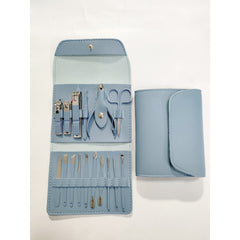 Set 16 Piese de Ingrijire Cosmetica, Flippy, pentru Manichiura, Pedichiura, Fata, Geanta Organizatoare din Piele Ecologica Inclusa, Albastru