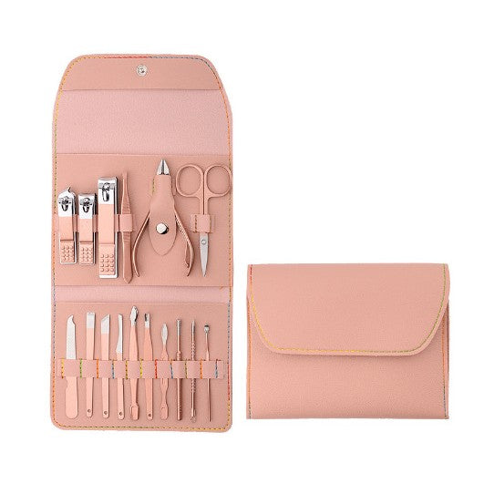 Set 16 Piese de Ingrijire Cosmetica, Flippy, pentru Manichiura, Pedichiura, Fata, Geanta Organizatoare din Piele Ecologica Inclusa, Roz