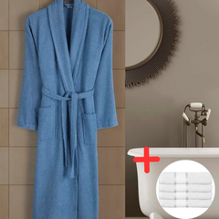 Halat de baie Unisex bumbac 100% – Bleu + Set 4 Prosoape