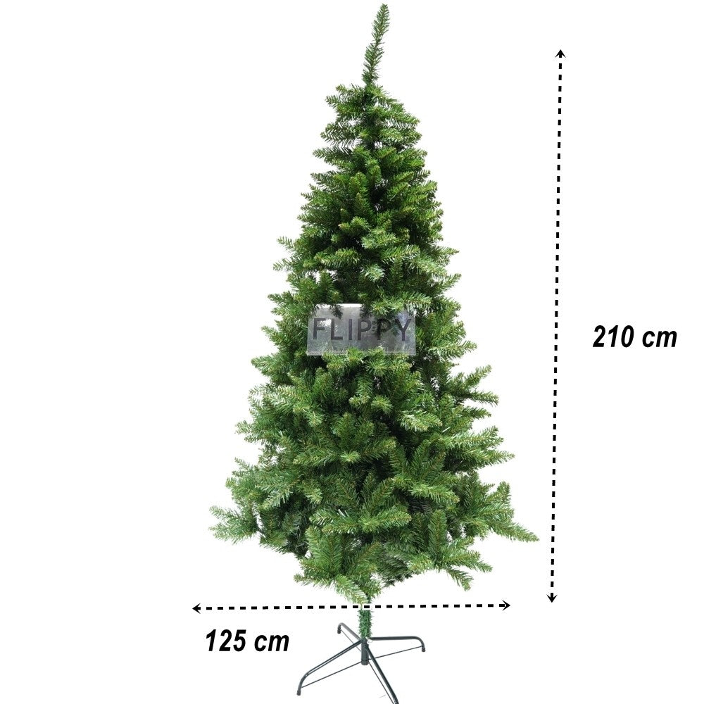 Brad artificial de Craciun, clasic, pentru interior/exterior, inaltime 210 cm, diametru 125 cm, 957 ramuri, Flippy, verde, suport metalic inclus
