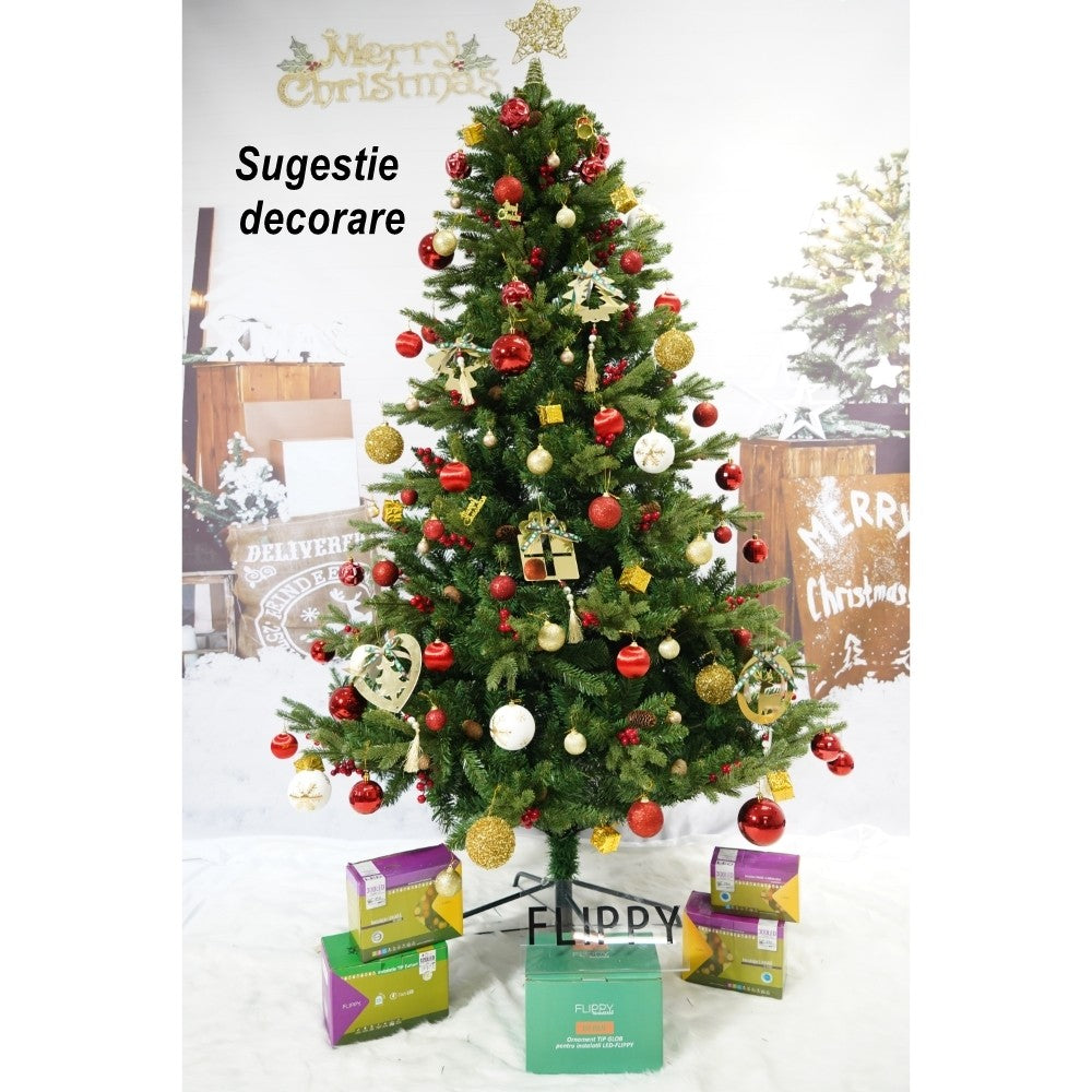 Brad artificial de Craciun, decorat cu conuri pin rosii, inaltime 210 cm, diametru 137 cm, 1172 ramuri, Flippy, verde, suport metalic inclus