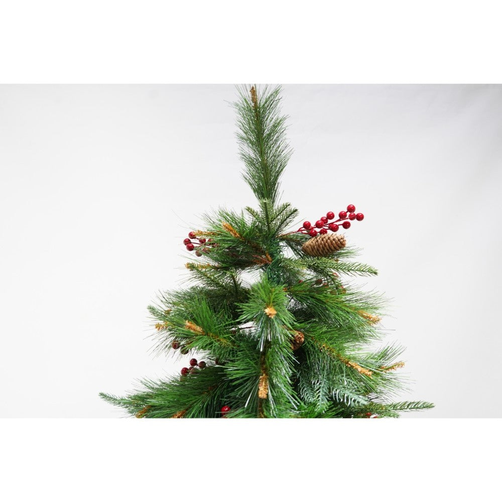 Brad artificial de Craciun, decorat cu conuri pin rosii, pentru interior/exterior, inaltime 150 cm, diametru 104 cm, 323 ramuri, Flippy, verde, suport metalic inclus