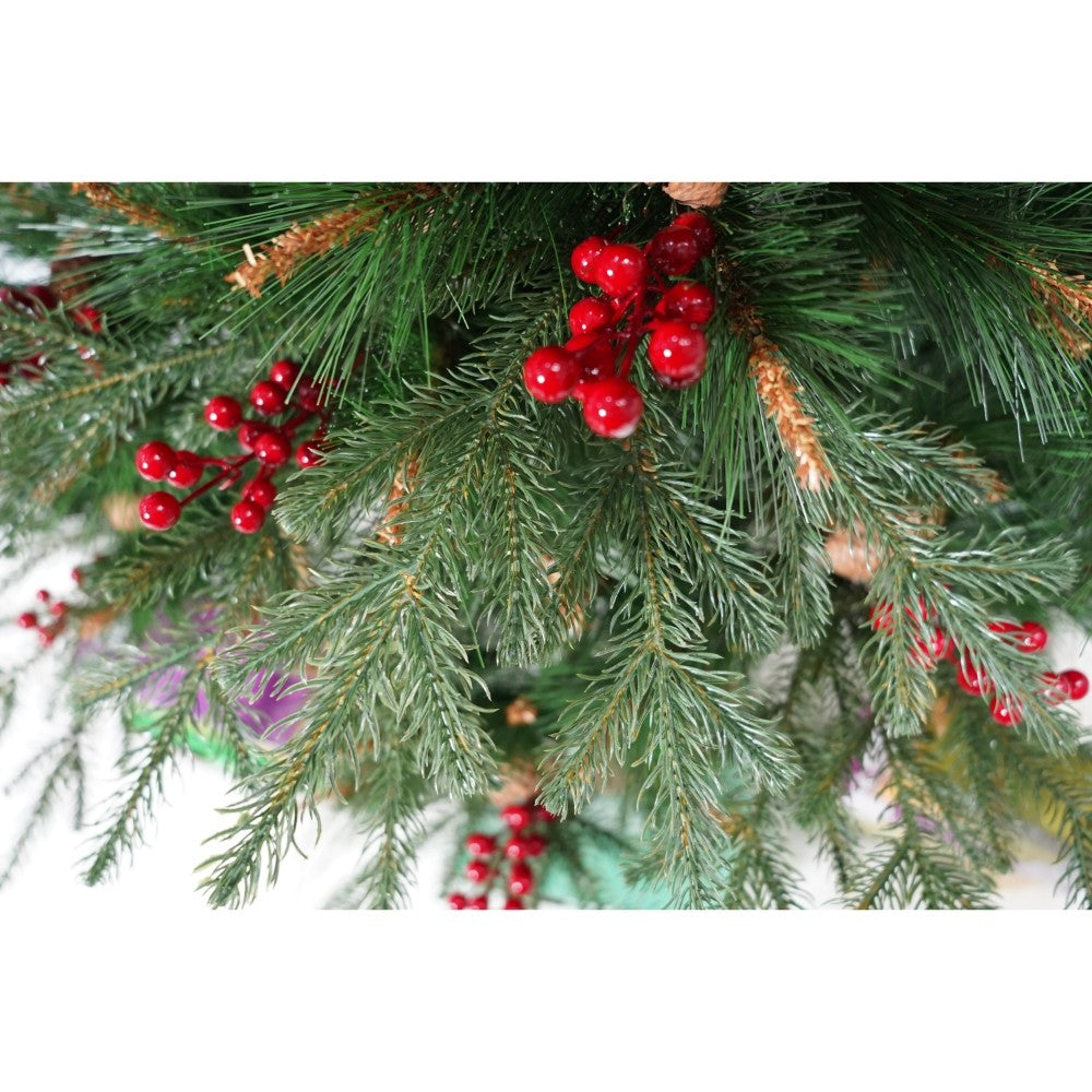 Brad artificial de Craciun, decorat cu conuri pin rosii, pentru interior/exterior, inaltime 150 cm, diametru 104 cm, 323 ramuri, Flippy, verde, suport metalic inclus