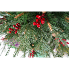 Brad artificial de Craciun, decorat cu conuri pin rosii, pentru interior/exterior, inaltime 150 cm, diametru 104 cm, 323 ramuri, Flippy, verde, suport metalic inclus