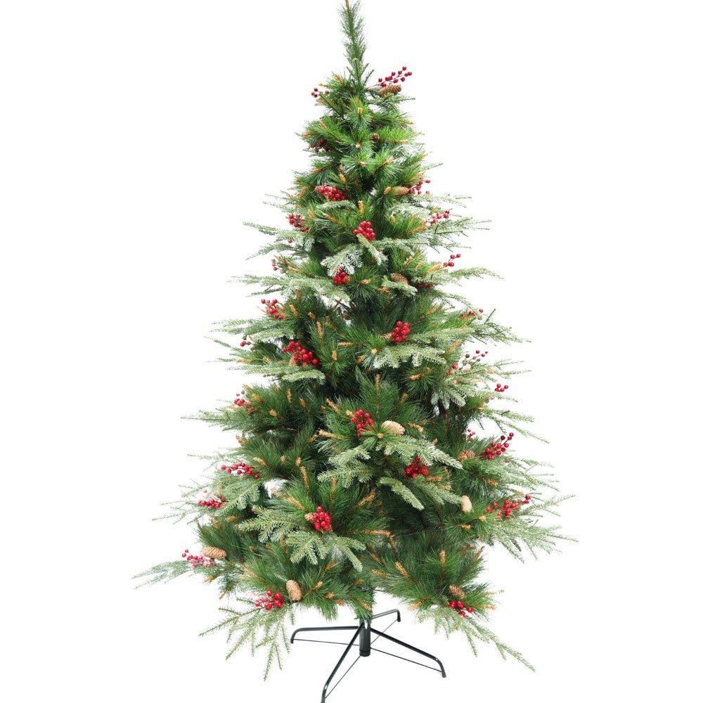 Brad artificial de Craciun, decorat cu conuri pin rosii, pentru interior/exterior, inaltime 150 cm, diametru 104 cm, 323 ramuri, Flippy, verde, suport metalic inclus
