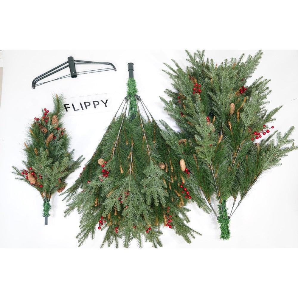 Brad artificial de Craciun, decorat cu conuri pin rosii, pentru interior/exterior, inaltime 210 cm, diametru 142 cm, 767 ramuri, Flippy, verde, suport metalic inclus