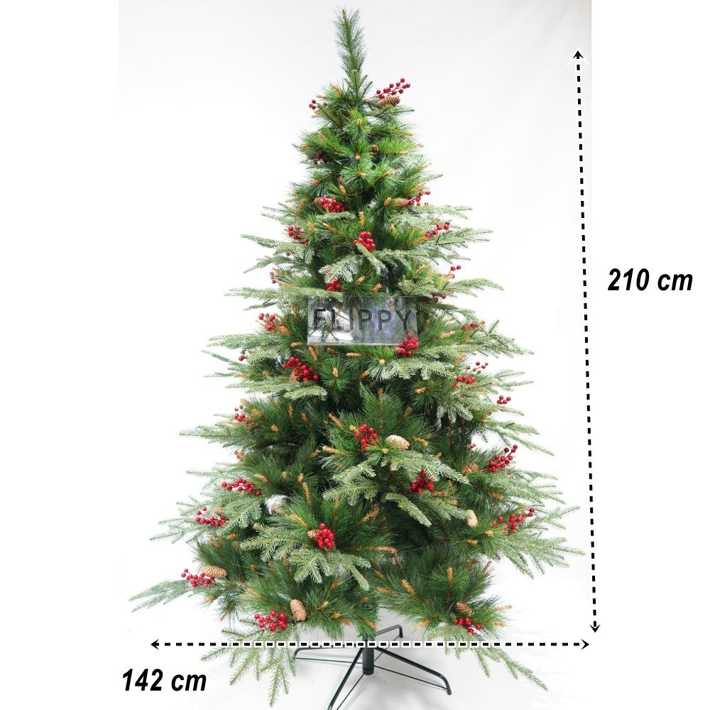 Brad artificial de Craciun, decorat cu conuri pin rosii, pentru interior/exterior, inaltime 210 cm, diametru 142 cm, 767 ramuri, Flippy, verde, suport metalic inclus