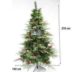 Brad artificial de Craciun, decorat cu conuri pin rosii, pentru interior/exterior, inaltime 210 cm, diametru 142 cm, 767 ramuri, Flippy, verde, suport metalic inclus