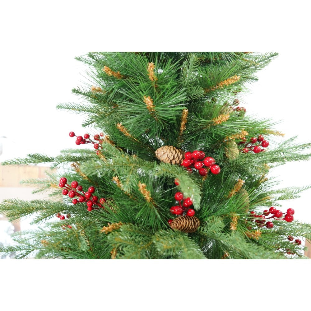 Brad artificial de Craciun, decorat cu conuri pin rosii, pentru interior/exterior, inaltime 210 cm, diametru 142 cm, 767 ramuri, Flippy, verde, suport metalic inclus