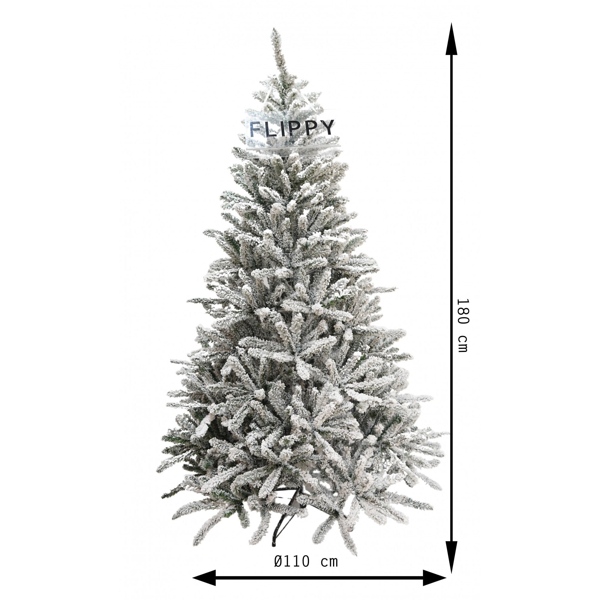 Brad Artificial de Craciun, Flippy, 1.8 m inaltime, Verde, Pulverizat alb-tip zapada, Diametru inferior 110 cm, Interior/ Exterior 