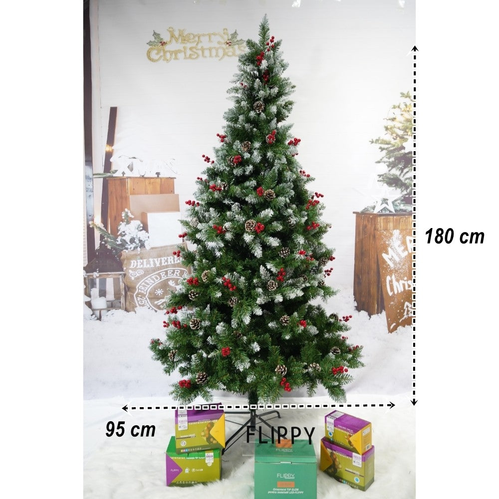 Brad artificial de Craciun nins, decorat cu conuri pin rosii, inaltime 180 cm, diametru 95 cm, 319 ramuri, Flippy, verde, suport metalic inclus