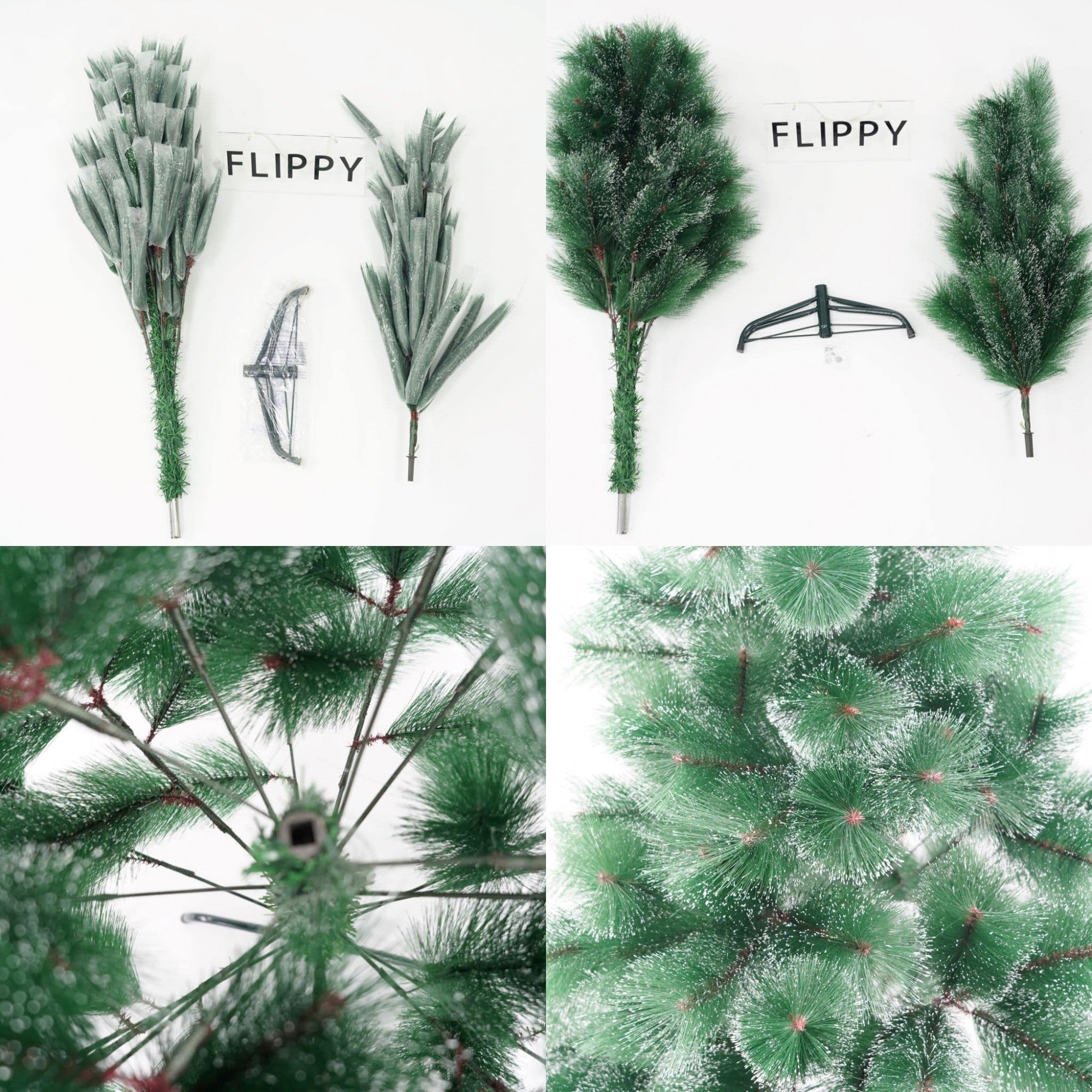 Brad artificial de Craciun tip pin inzapezit, inaltime 150 cm, diametru 85 cm, 160 ramuri cu ace 3D 12 cm, Flippy, verde cu varfuri ninse, suport metalic inclus