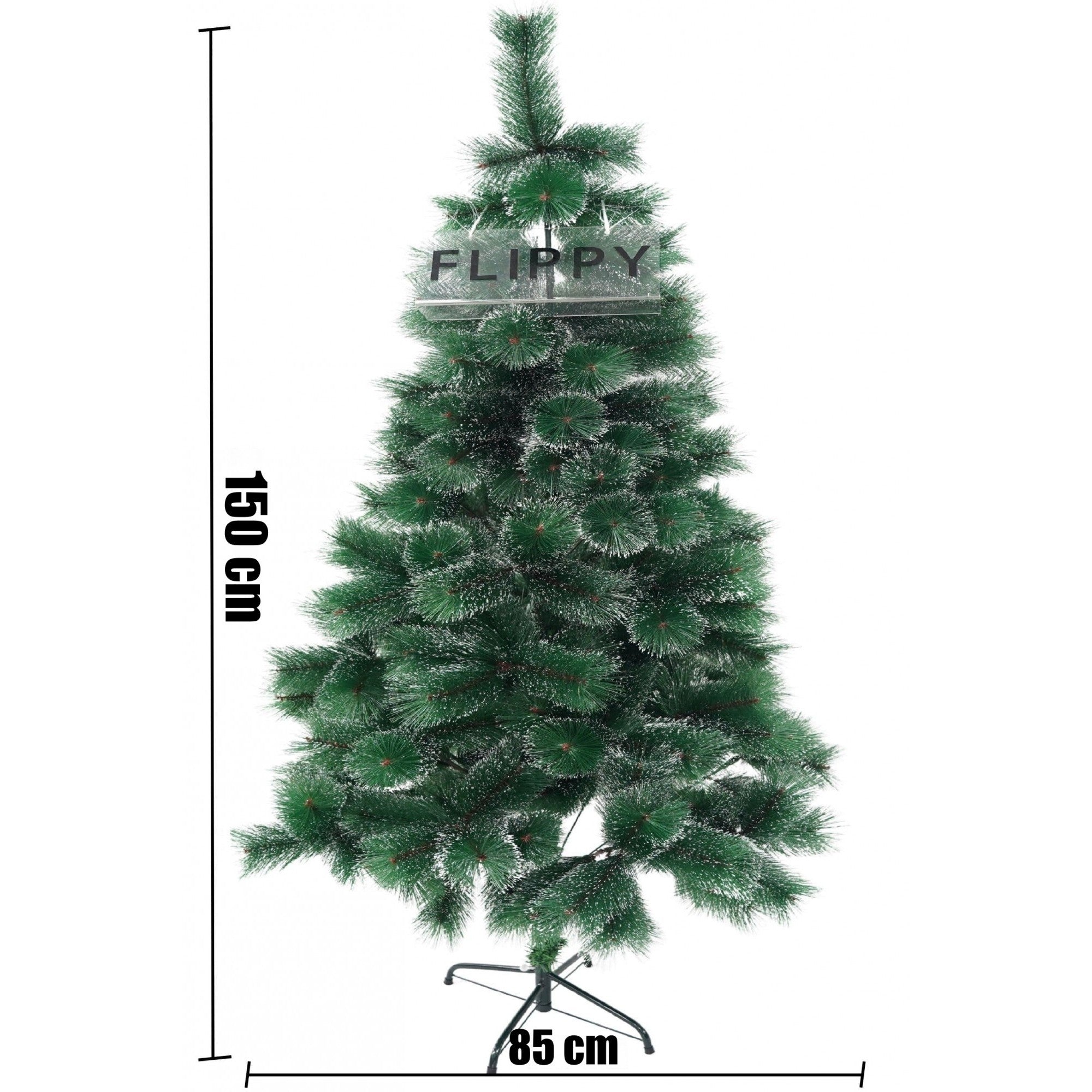 Brad artificial de Craciun tip pin inzapezit, inaltime 150 cm, diametru 85 cm, 160 ramuri cu ace 3D 12 cm, Flippy, verde cu varfuri ninse, suport metalic inclus