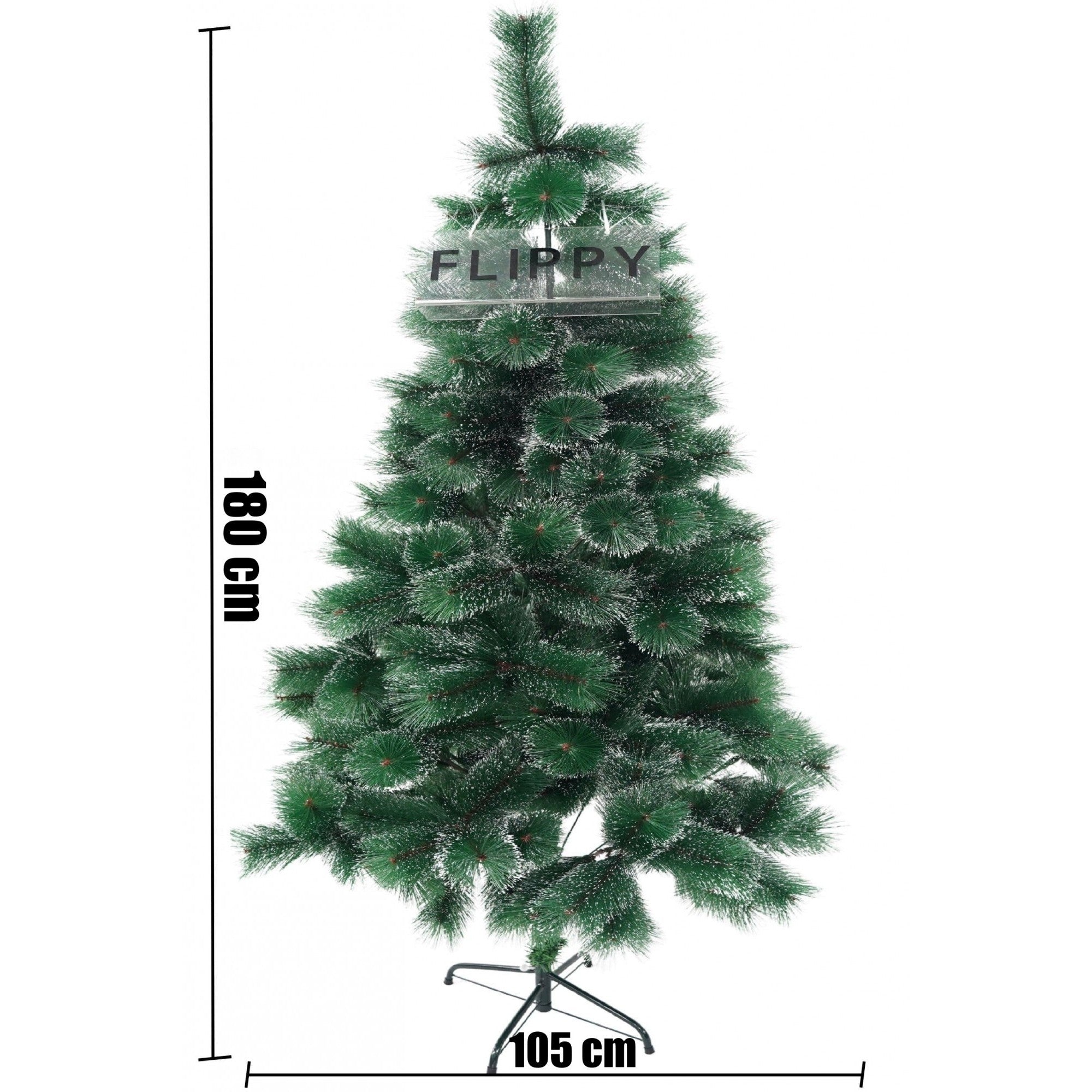 Brad artificial de Craciun tip pin inzapezit, inaltime 180 cm, diametru 105 cm, 260 ramuri cu ace 3D 12 cm, Flippy, verde cu varfuri ninse, suport metalic inclus