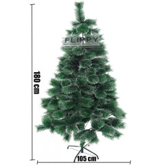 Brad artificial de Craciun tip pin inzapezit, inaltime 180 cm, diametru 105 cm, 260 ramuri cu ace 3D 12 cm, Flippy, verde cu varfuri ninse, suport metalic inclus