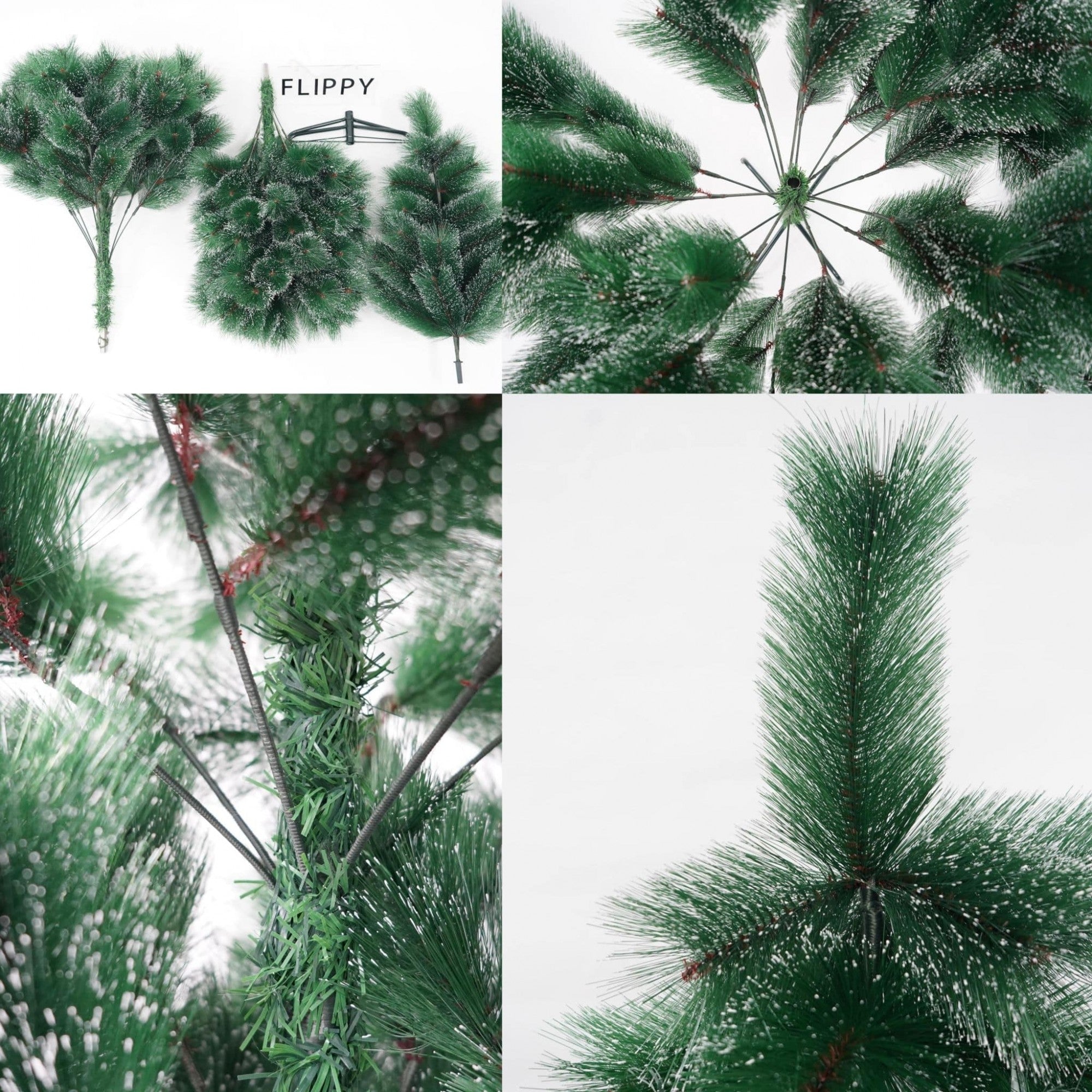 Brad artificial de Craciun tip pin inzapezit, inaltime 210 cm, diametru 115 cm, 350 ramuri cu ace 3D 12 cm, Flippy, verde cu varfuri ninse, suport metalic inclus