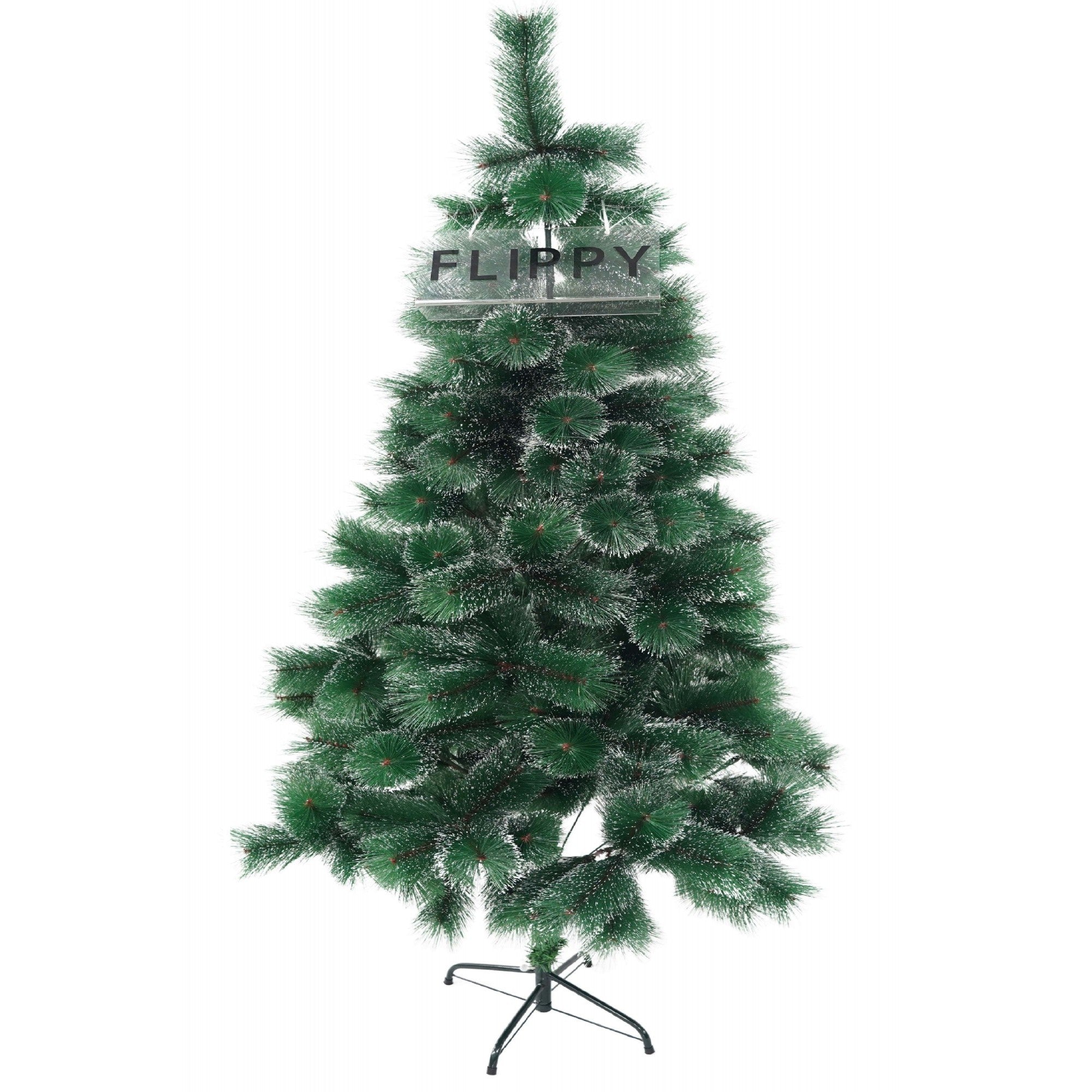 Brad artificial de Craciun tip pin inzapezit, inaltime 210 cm, diametru 115 cm, 350 ramuri cu ace 3D 12 cm, Flippy, verde cu varfuri ninse, suport metalic inclus