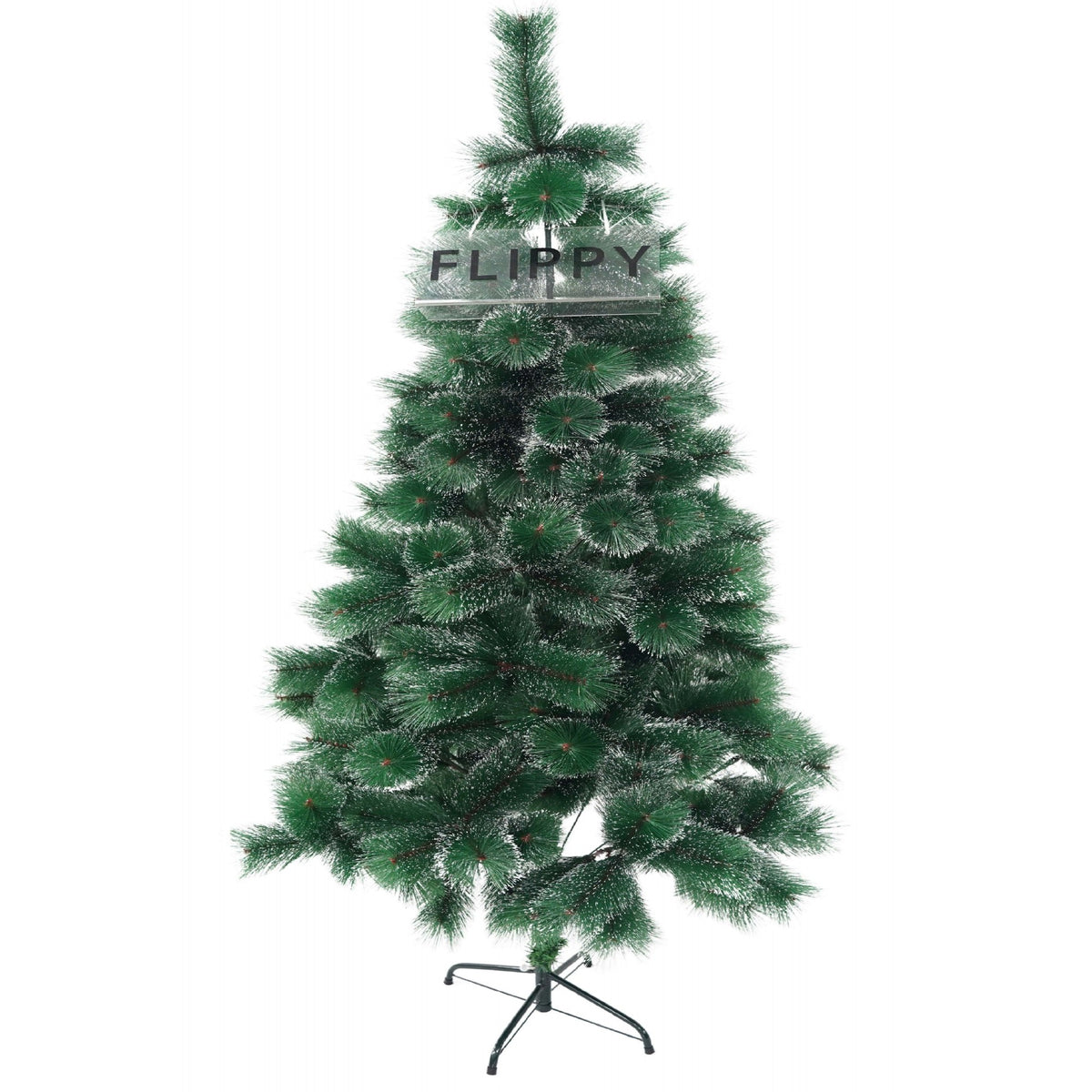 Brad artificial de Craciun tip pin inzapezit, inaltime 210 cm, diametru 115 cm, 350 ramuri cu ace 3D 12 cm, Flippy, verde cu varfuri ninse, suport metalic inclus