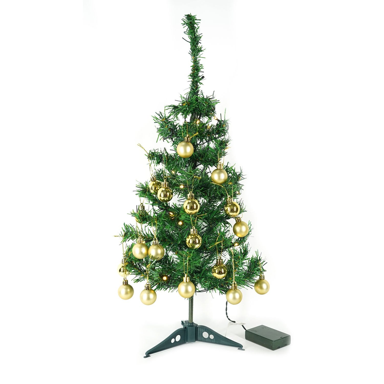 Brad Artificial Impodobit, 60 cm, suport plastic, cu instalatie luminoasa 20 LED alb cald + 20 globuri aurii incluse, Flippy
